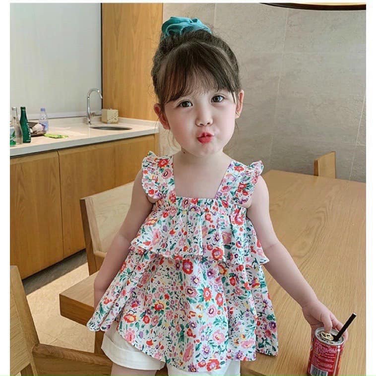 Đồ bộ bé gái Set áo cánh tiên hoa chun bèo ngực mix quần short trắng