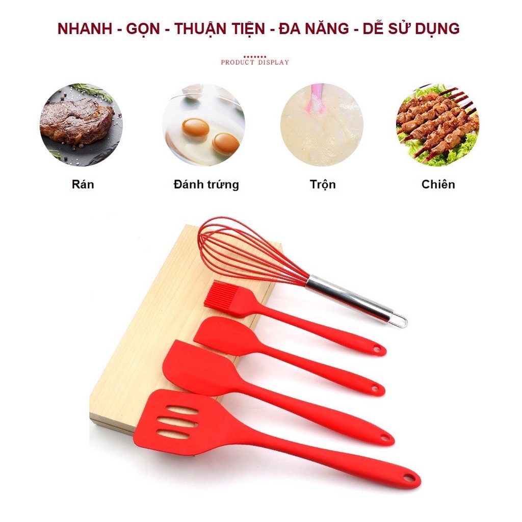 Dụng cụ làm bánh, Thìa nấu ăn Silicon 5 món chịu nhiệt chống dính cao cấp