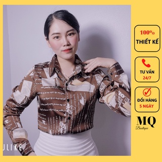 Áo sơ mi nữ lụa dài tay cao cấp công sở họa tiết nâu phối chữ trắng, áo sơ mi họa tiết thiết kế MQ Boutique