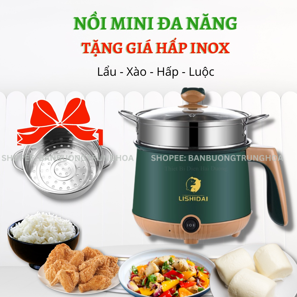 Nồi Điện Mini  LISHIDAI 2 Tầng Đa Năng Tặng Kèm Khay Hấp INOX ( Chiên, Xào, Nấu ăn, nấu cơm, nấu lẩu mini )