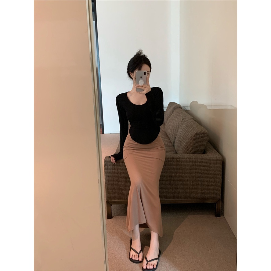 Cocory vn Áo Thun Dài Tay Cổ Chữ U Màu Trơn Thời Trang Mùa Hè Quyến Rũ