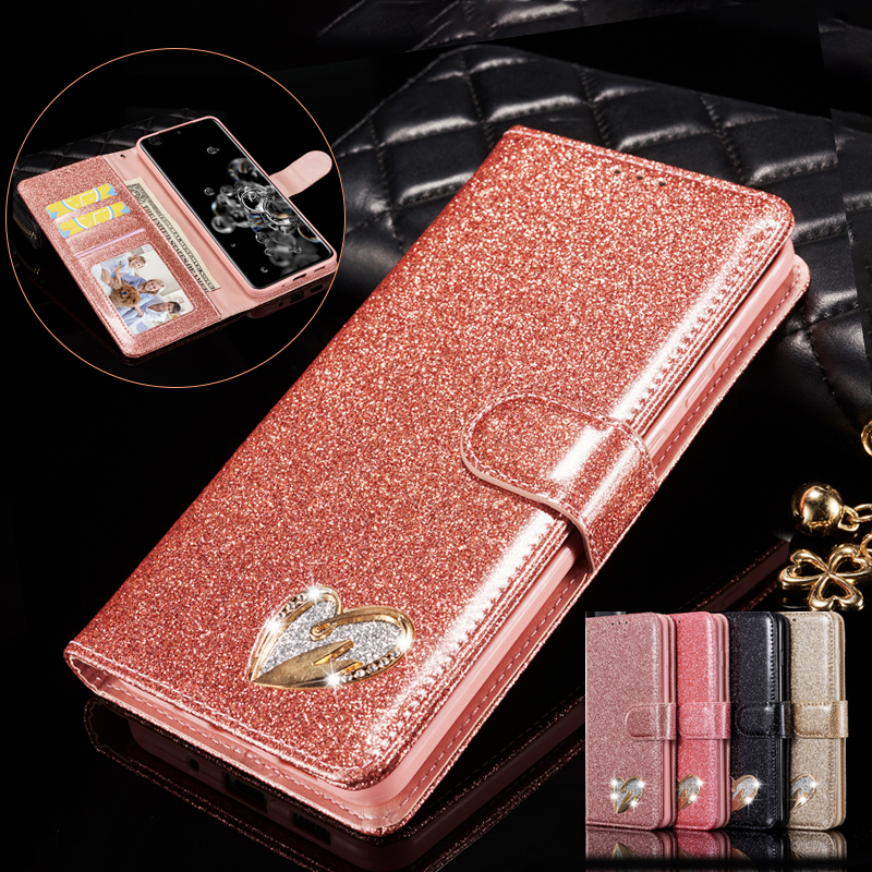 Bao Da Nắp Gập In Hình Trái Tim Lấp Lánh Cho Samsung S21 S20 Fe Note20 Ultra Note10 Plus Note9