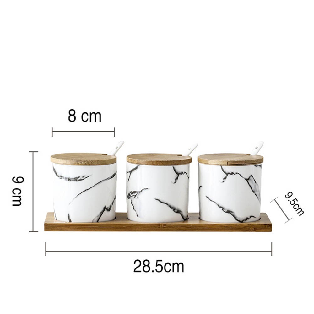 Set 3 Lọ Gia Vị Sứ Trắng Đế Gỗ Trúc Nhiều Hoa Văn