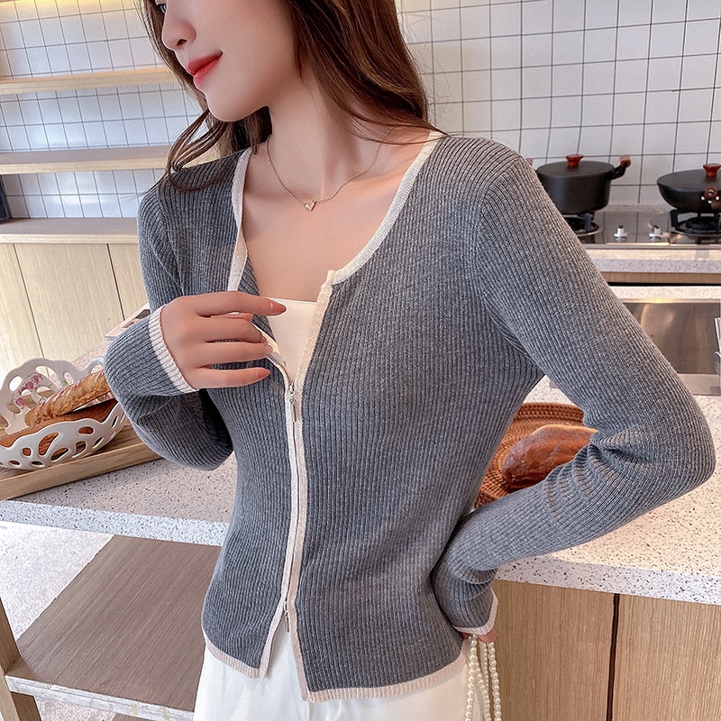 Áo cardigan dệt kim tay dài dáng ôm màu sắc tương phản phối khóa kéo thời trang cho nữ