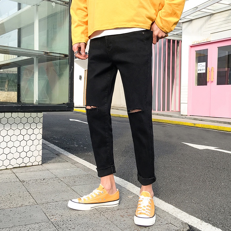 Quần jean nam đen rách gối chất bò cao cấp co dãn 4 chiều