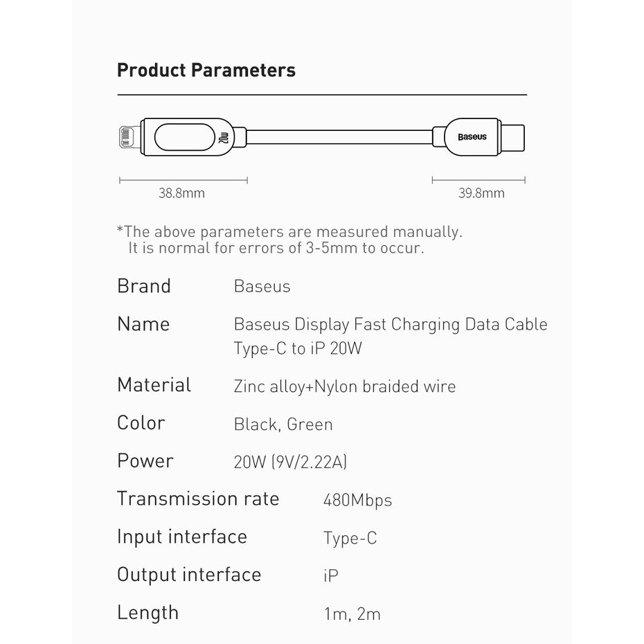 Cáp sạc nhanh tích hợp màn hình LED Baseus Display Fast Charging Data Cable Type-C to LN 20W