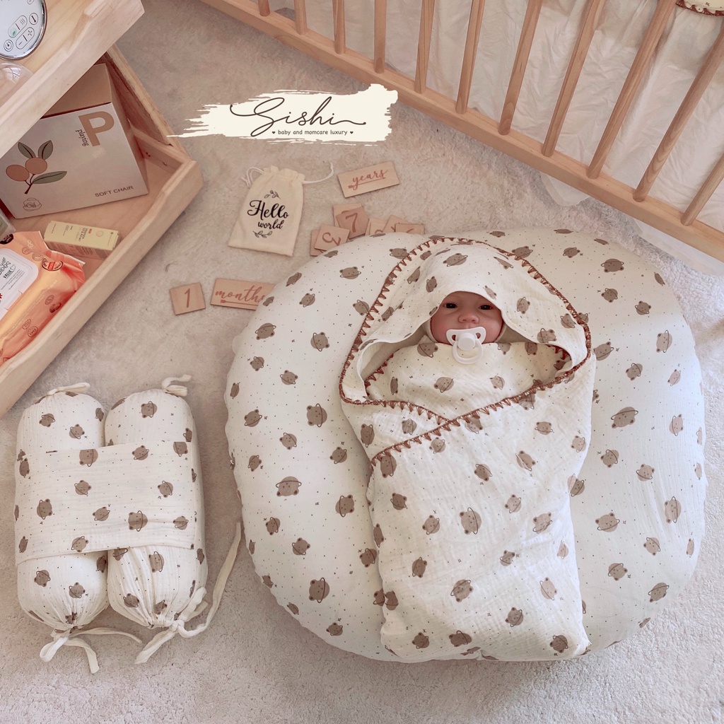 Set chăn gối 6 món vải xô muslin OME x Sishi cao cấp cho bé