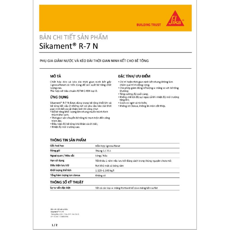 Sikament R7N can 5 lít Phụ gia giảm nước tăng cường độ bê tông SR7