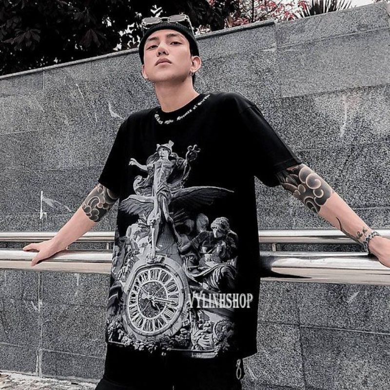 Áo thun nam 🔥VYLINHSHOP 🔥 áo phông cotton co giãn nhẹ mát hút mồ hôi hình tượng đá form rộng unisex màu đen