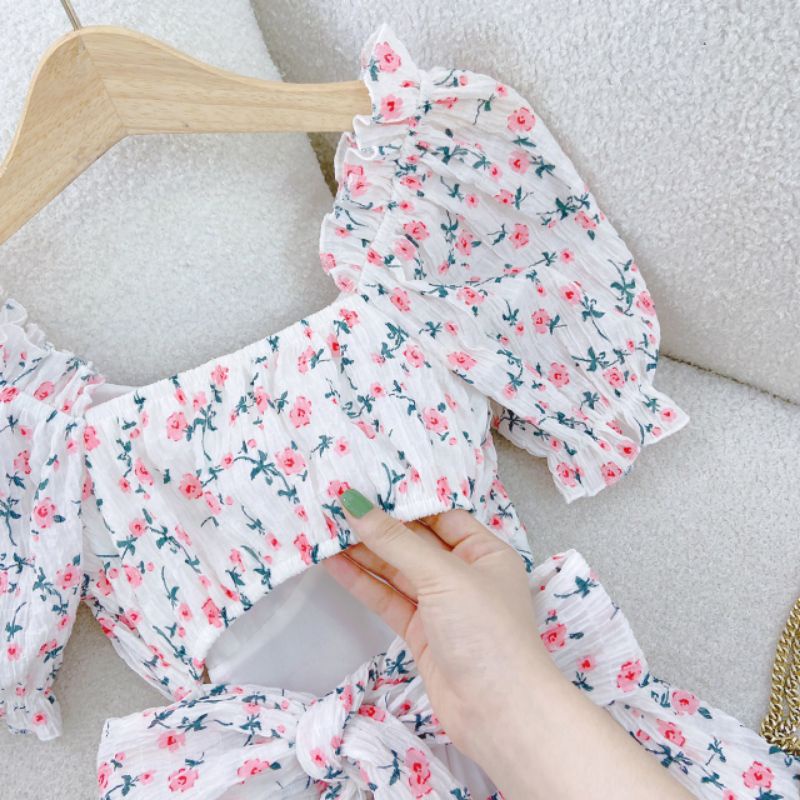 Đầm Midi Hoa Cut Out Lưng Váy Hoa Dáng Dài Nhíu Ngực Nơ Lưng Tay Bo Chun Nền Hoa Nhí Ngọt Ngào Cực Xinh Chất Mát Mịn