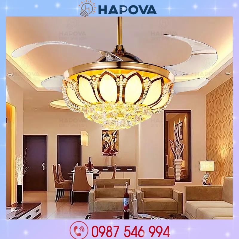 Quạt trần đèn, quạt đèn trần dấu cánh trang trí phòng khách Cánh Sen HAPOVA PERVI 8015