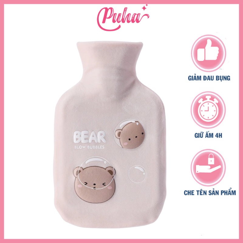 Túi chườm nóng lạnh PUHA 1000ml, túi chườm sưởi ấm nóng giảm đau bụng kinh cho nữ, Blue Cat Blow