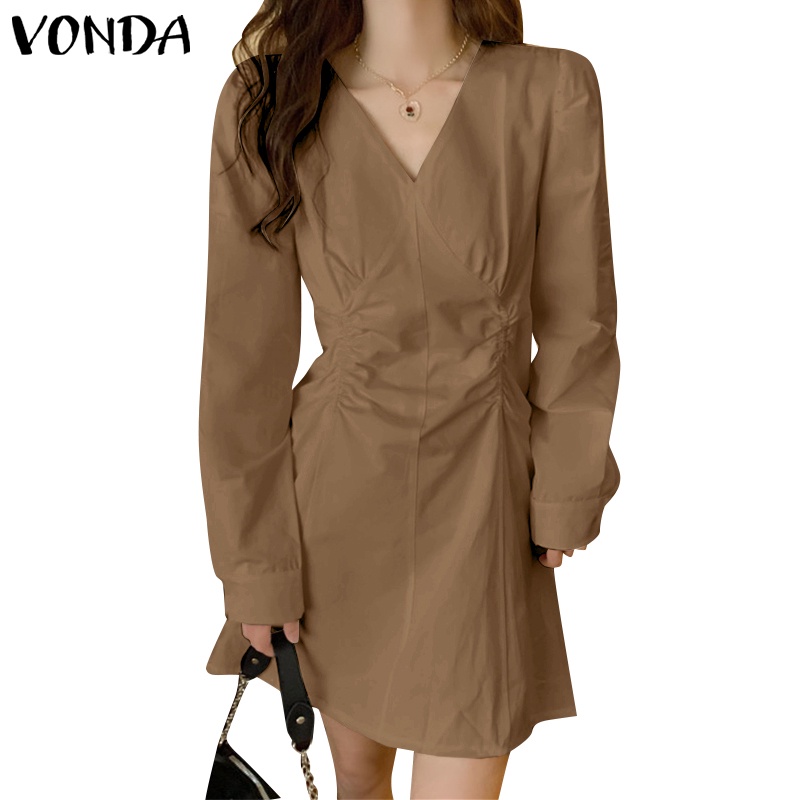 Đầm VONDA midi dài tay cổ chữ V màu trơn phong cách Hàn Quốc thời trang cho nữ