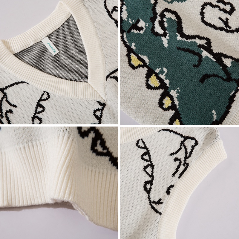 Áo sweater không tay cổ chữ V dáng rộng in họa tiết khủng long nhỏ phong cách retro Nhật Bản