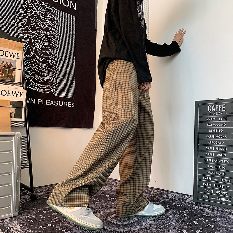 Quần ống rộng họa tiết kẻ caro phong cách retro Mỹ