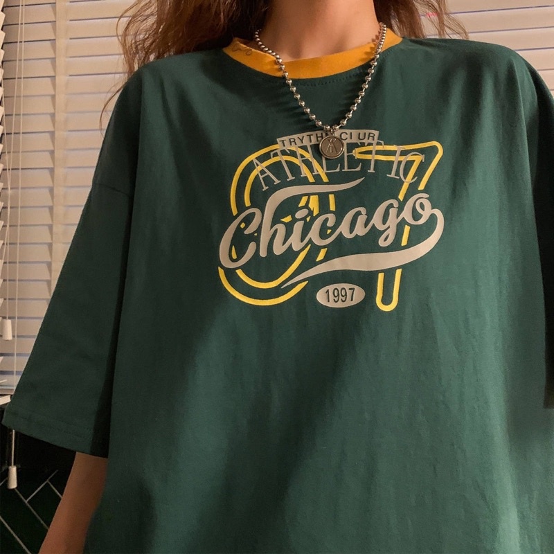 Áo thun phông cổ phối nam nữ PINK tay lỡ form rộng CHICAGO 97 Unisex