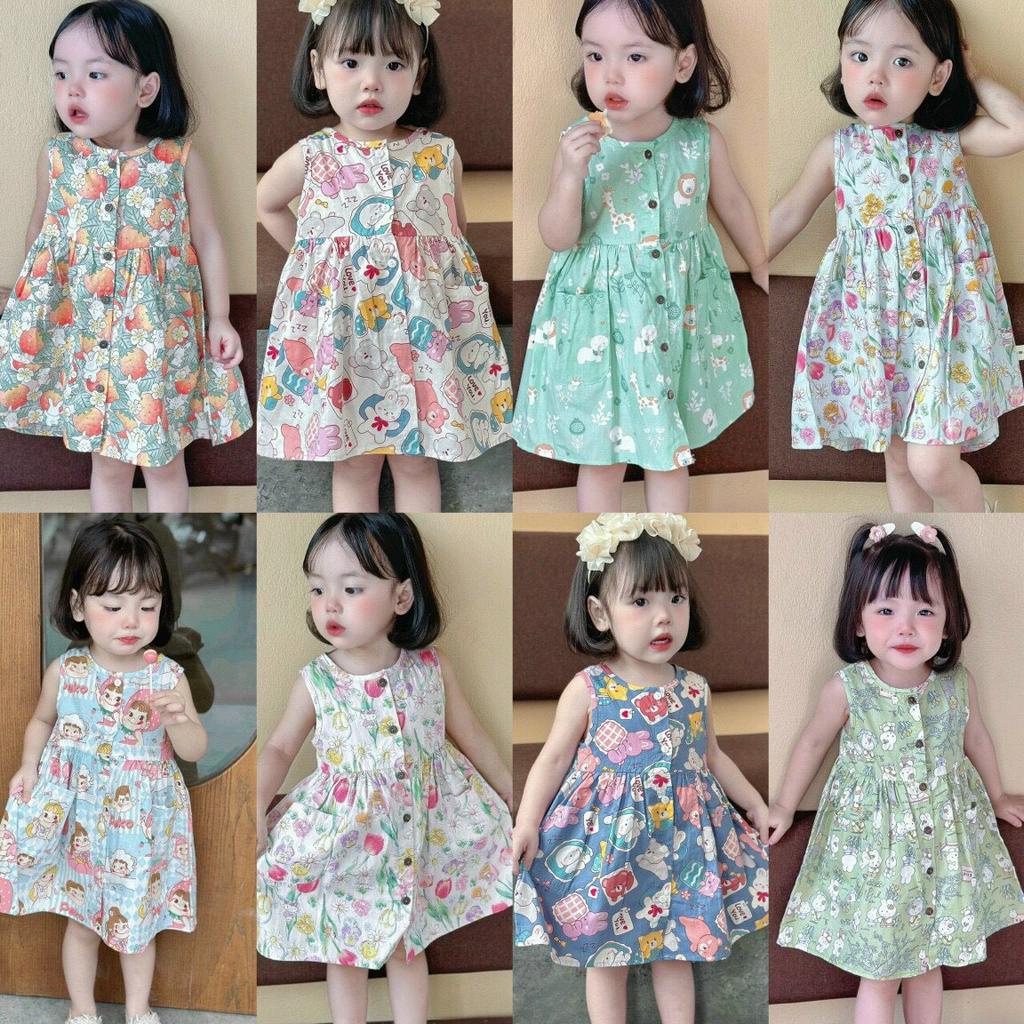 Váy cổ tròn hàng thiết kế vải thô mềm mát cho bé gái từ 8-20kg