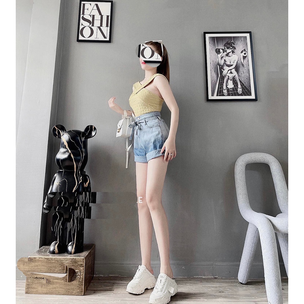 QUẦN SHORT ĐÙI JEANS NGẮN NỮ LƯNG CAO LOANG XANH PHỐI NƠ MÁT MẺ CÁ TÍNH THỜI THƯỢNG NITIQC
