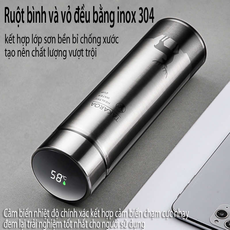Bình giữ nhiệt 500ml hoàn toàn bằng inox 304 có hiển thị nhiệt độ , lớp sơn chống trầy xước