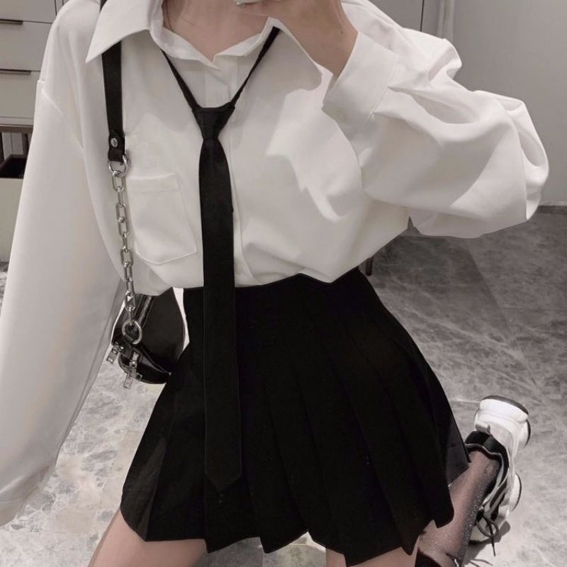 Áo Sơ Mi Trắng Tay Dài Kèm Cà Vạt Túi Nắp Ngực Cổ Bẻ Cá Tính Fom Rộng Phong Cách Hàn Quốc MãB22 | BigBuy360 - bigbuy360.vn