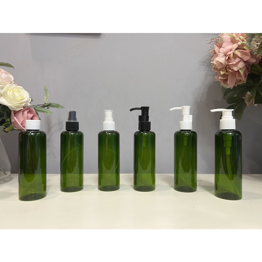 Chai Nhựa Pet 200ml Xanh Lá Đậm Chiết Mỹ Phẩm, Dung Dịch Gắn Đầu Bơm Kem, Sữa Tắm, Dầu Gội