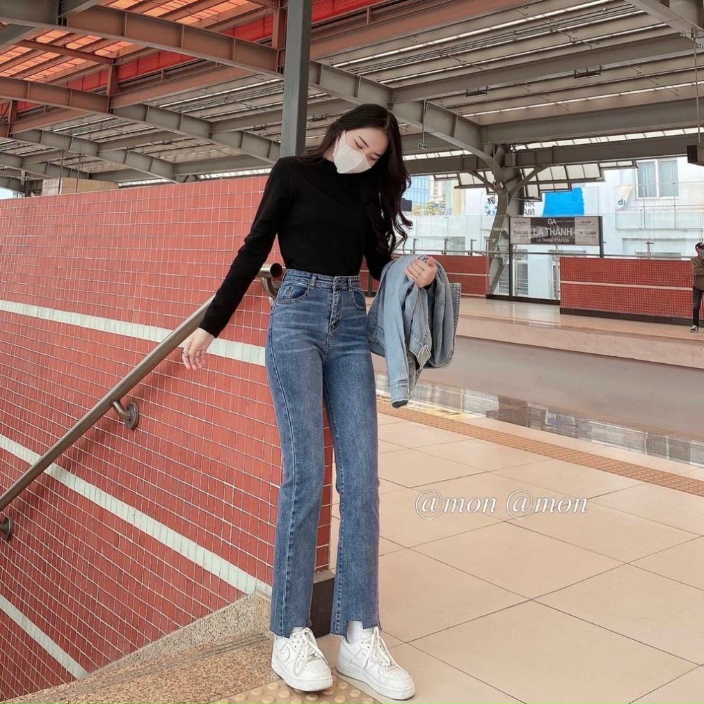 Quần jean nữ ống đứng cắt gấu quần bò suông xẻ rách gấu hách dáng chất jeans co giãn tốt-MINXY SHOP