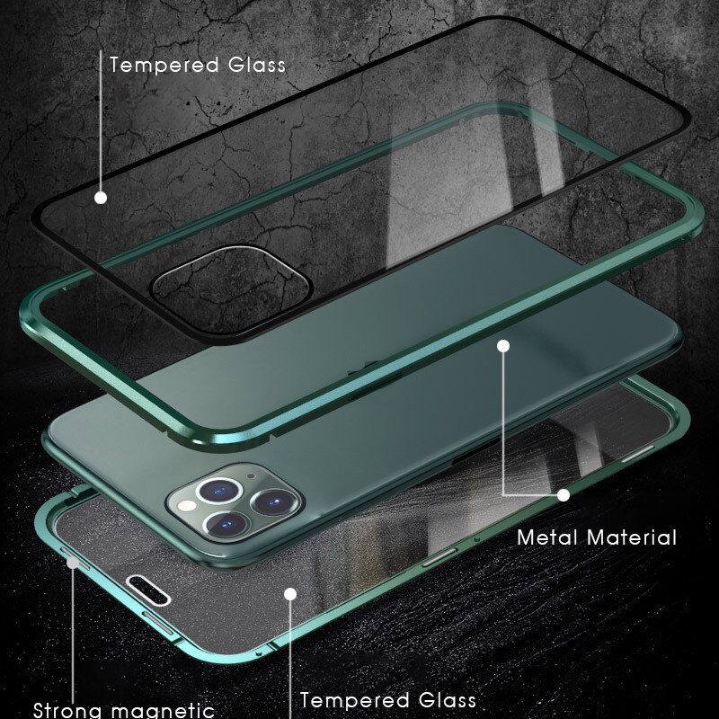 Ốp điện thoại kính cường lực hai mặt viền kim loại nam châm thích hợp cho iPhone X XR XS Max 8 7 6 6S Plus SE 2020