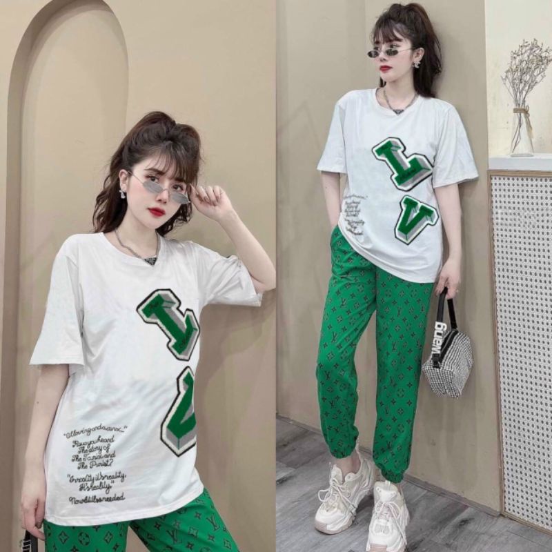 Đồ bộ nữ quần bo gấu áo form rộng thêu LV siêu hot
