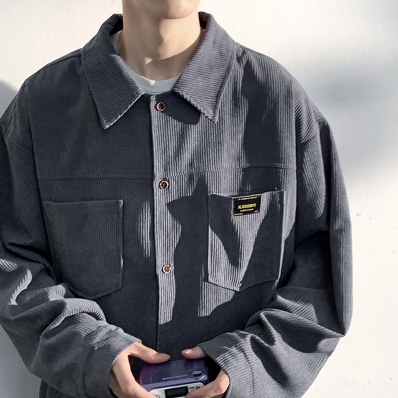 Áo nhung Áo sơ mi kaki vải nhung tăm Áo Sơ Mi Trơn Tay Dài Dáng Rộng Kẻ Sọc Đơn Giản Thời Trang Cho Nam Giới áo màu trơn