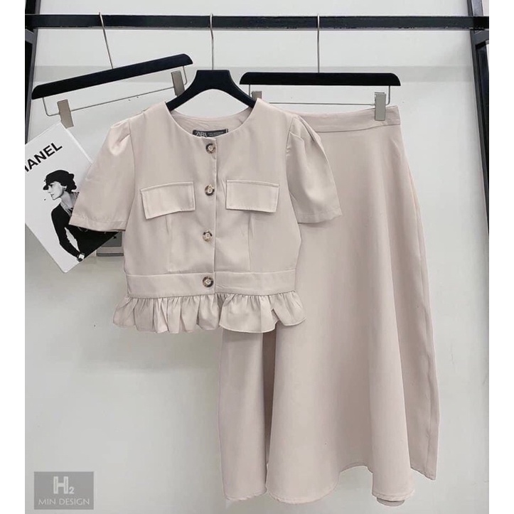 Set áo croptop và chân váy xoè màu be sang chảnh HERA SHOP