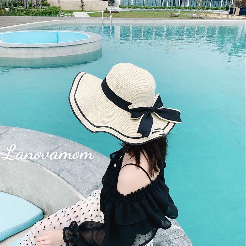 Mũ cói nữ_nón chống nắng rộng vành đai nơ cao cấp phong cách vintage