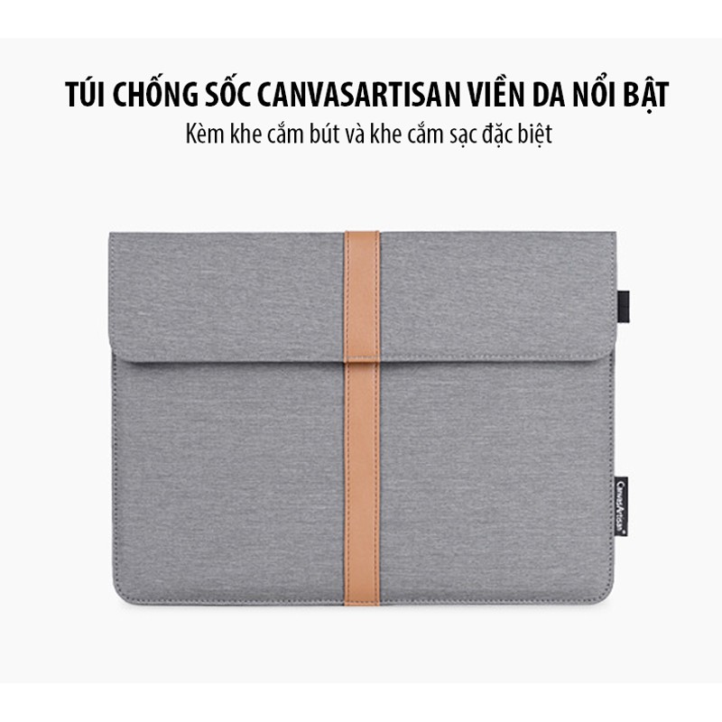 Túi chống sốc Laptop, Macbook Canvasartisan viền da kèm khe cắm bút và khe sạc cao cấp