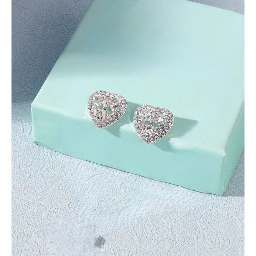 Bộ Vòng cổ + Bông Tai Mạ Bạc Đính Đá Zircon Hình Trái Tim Thời Trang