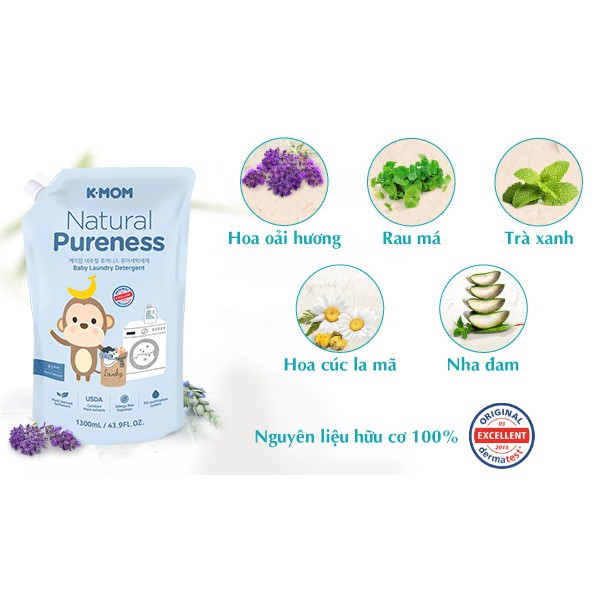 Nước giặt quần áo cho bé K-mom túi 1300ml, nước giặt chiết xuất thảo mộc hữu cơ - Monnie Kids