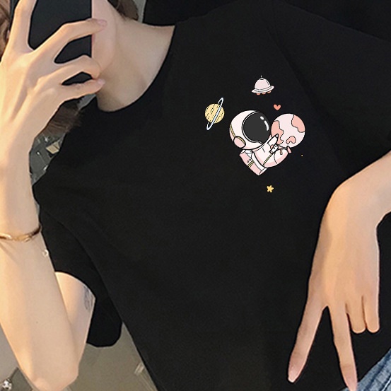 Áo đôi nam nữ, áo cặp in hình phi hành gia chất cotton thấm hút không bong tróc