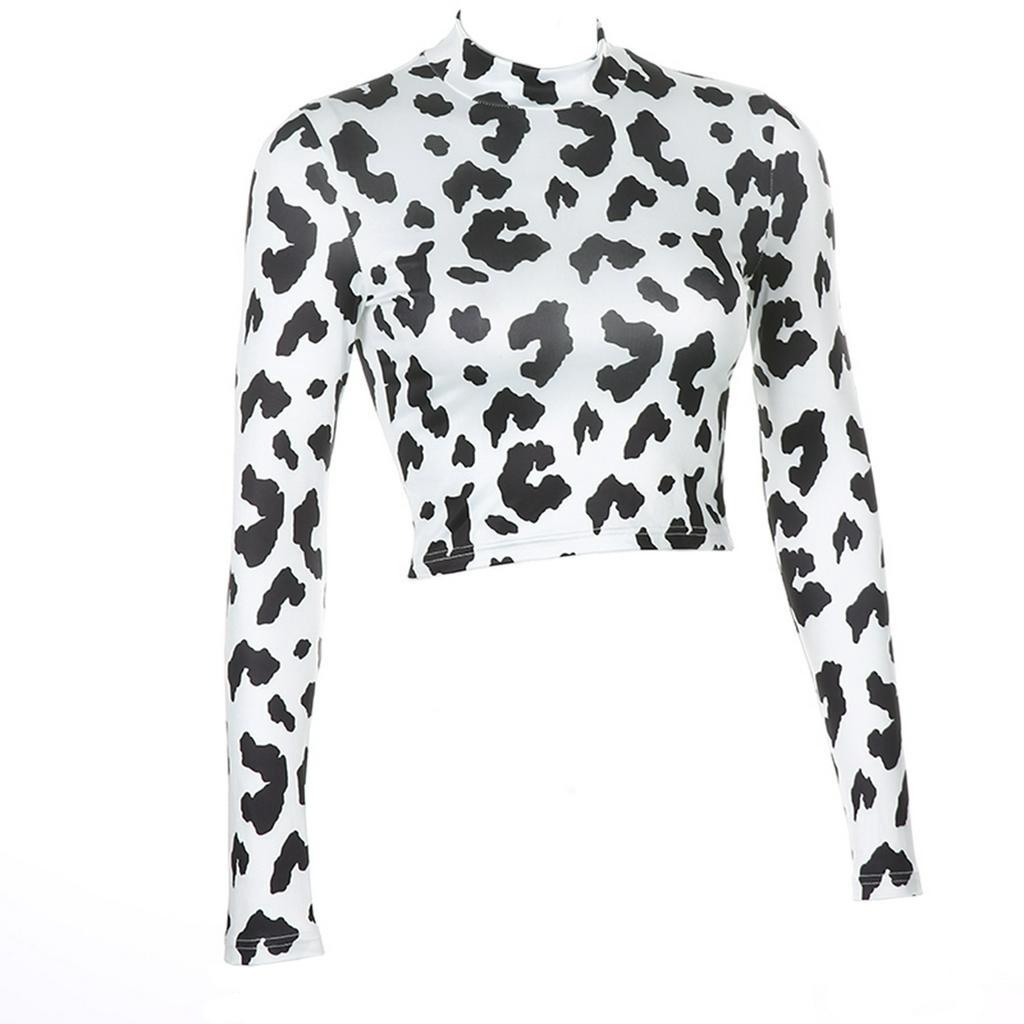 Áo thun croptop tay dài cổ lọ ôm dáng vừa vặn in họa tiết da bò sữa thời trang hè thu dành cho nữ