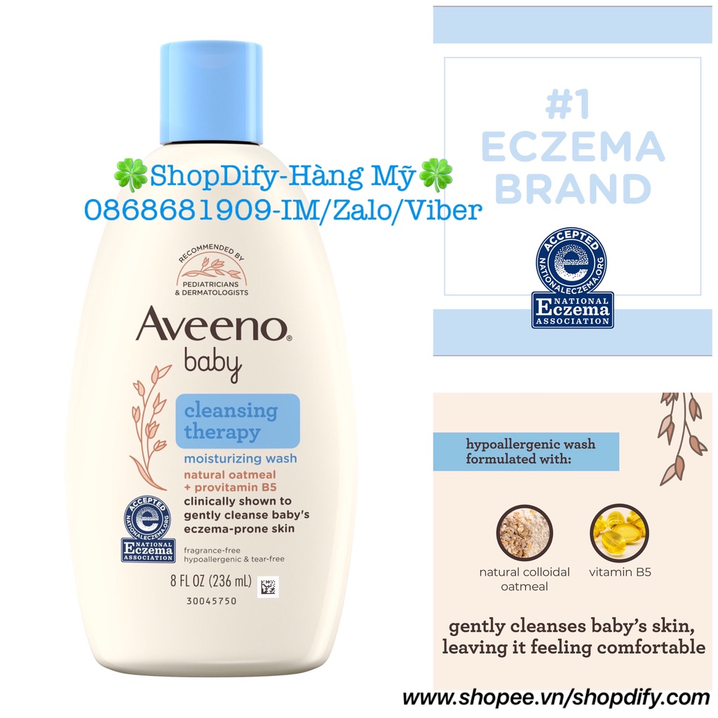 {Mẫu mới} Sữa Tắm Yến Mạch Cho Bé Da Chàm, Khô, Dưỡng Ẩm AVEENO BABY Cleansing Therapy Moisturizing Wash 236ml Eczema Mỹ