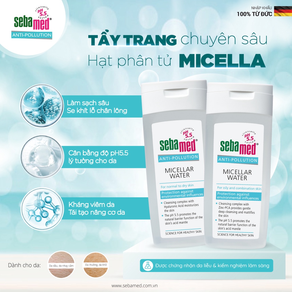 Tẩy trang dành cho da dầu & da hỗn hợp Sebamed Anti Pollution Micellar Water – Oily To Combination Skin pH5.5 (200ml)