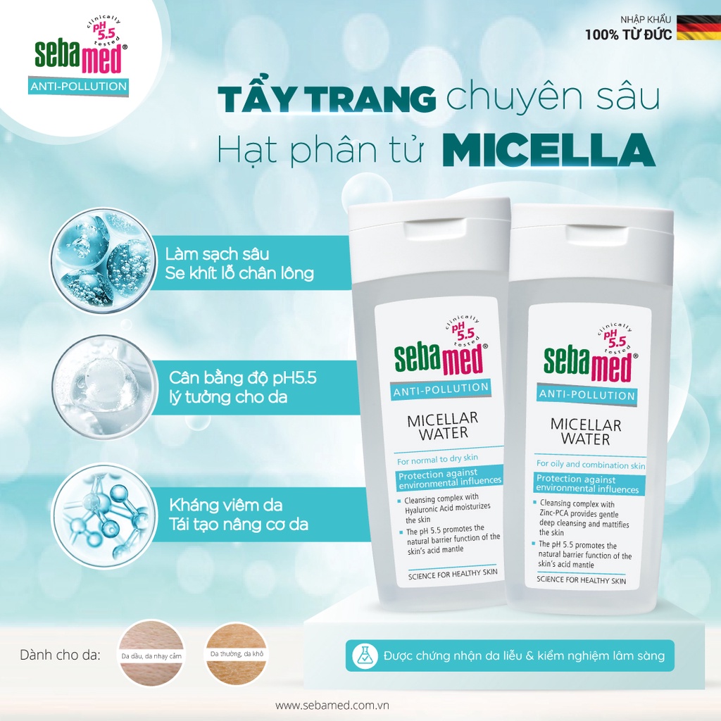 Tẩy trang dành cho da dầu &amp; da hỗn hợp Sebamed Anti Pollution Micellar Water – Oily To Combination Skin pH5.5 (200ml)