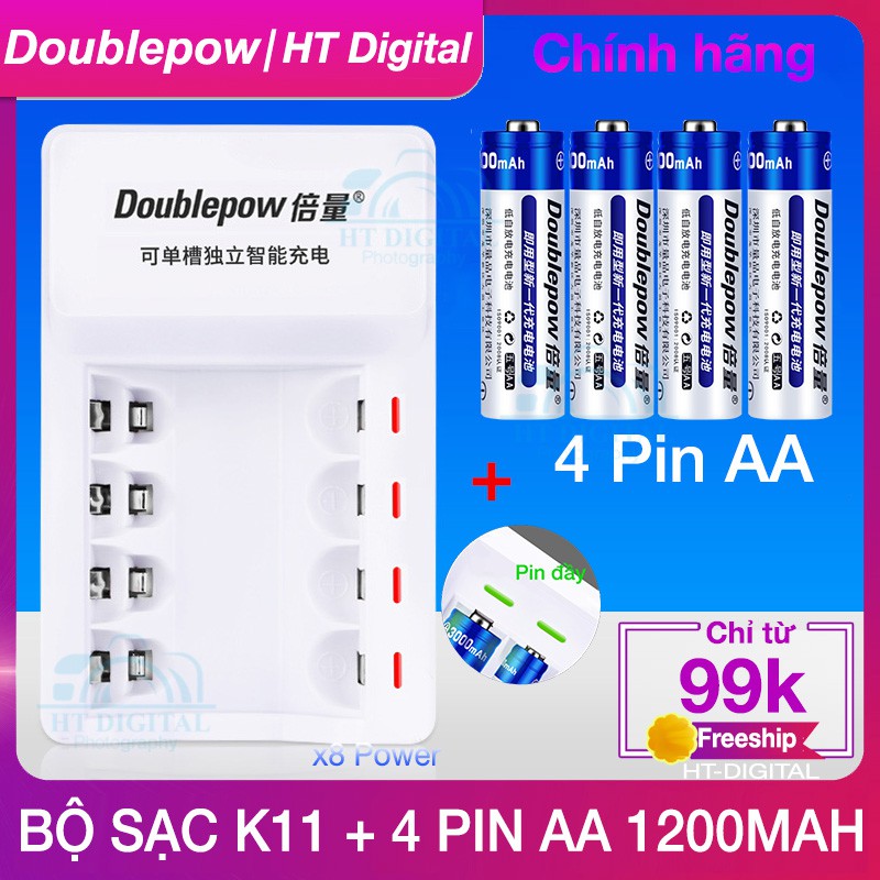 Bộ sạc AA/AAA Tự Ngắt + 4 pin AA AAA Doublepow (hàng chính hãng)