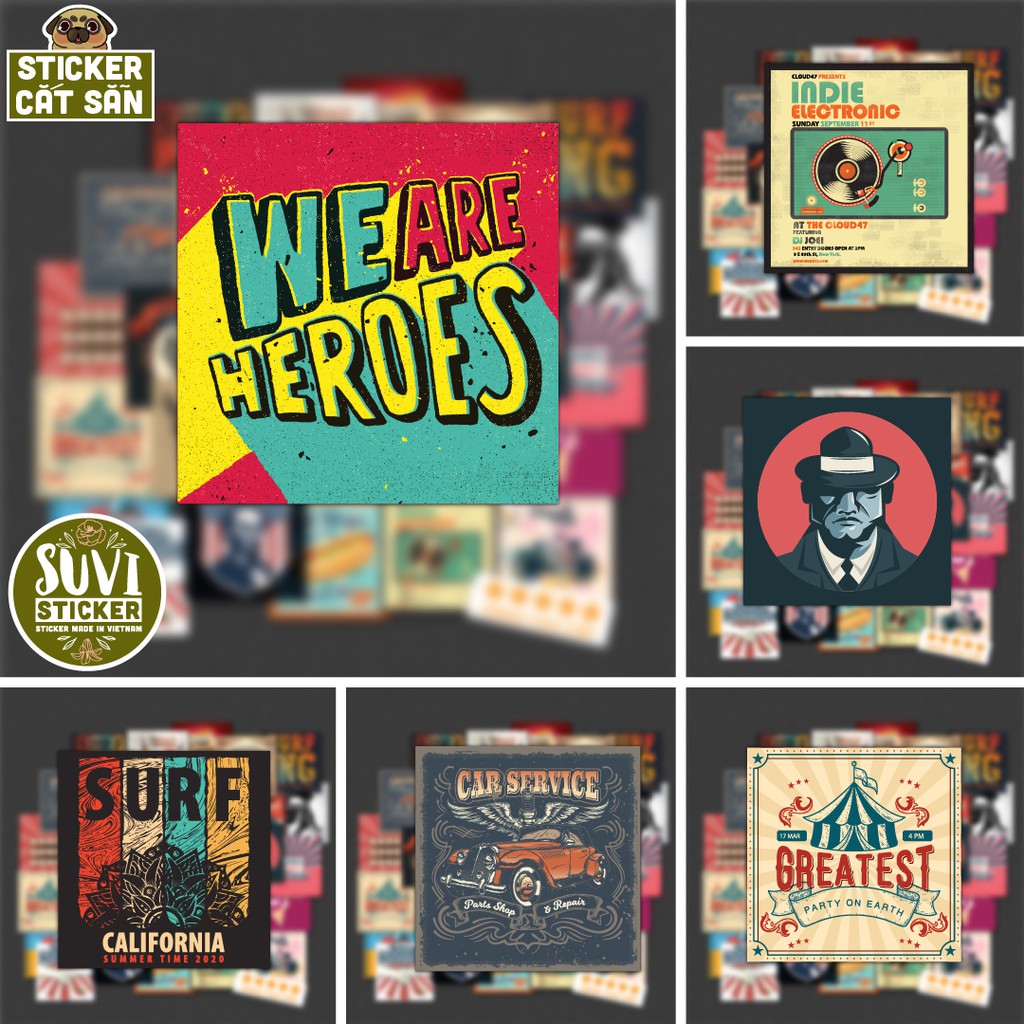 50 Sticker Vintage Cổ Điển chống nước sticker dán laptop, điện thoại, đàn guitar, mũ bảo hiểm, vali. MSP: V02