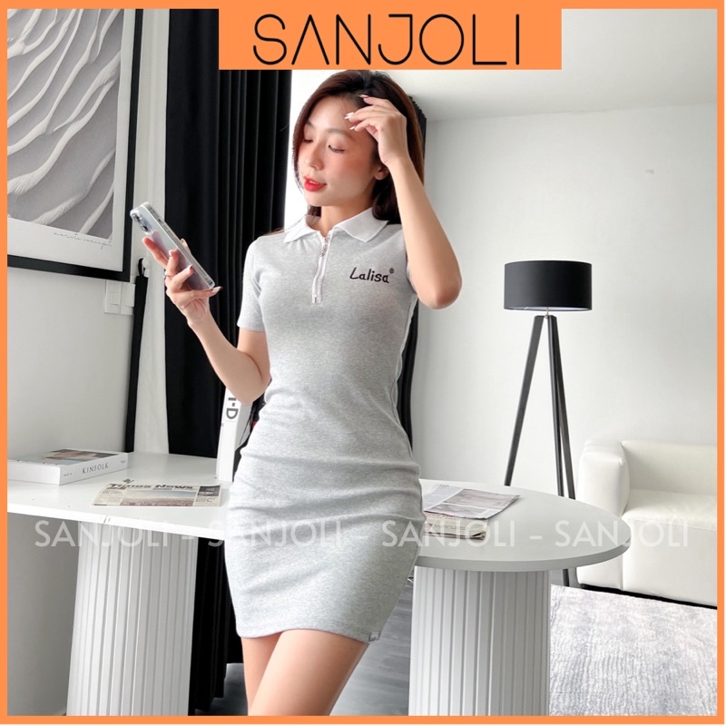 Đầm Body Nữ SANJOLI Váy Polo Dự Tiệc Tết Chất Len Gân Thiết Kế Xẻ Tà Cổ Trắng Hình Thêu Màu Xám Xinh VD030