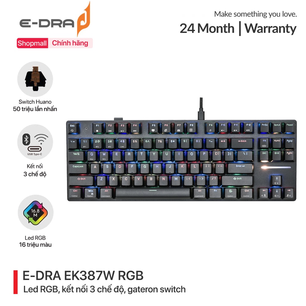 Bàn phím cơ chơi game không dây E-Dra EK387W Rgb - Led Rgb - Gateron swicth - Kết nối 3 chế độ