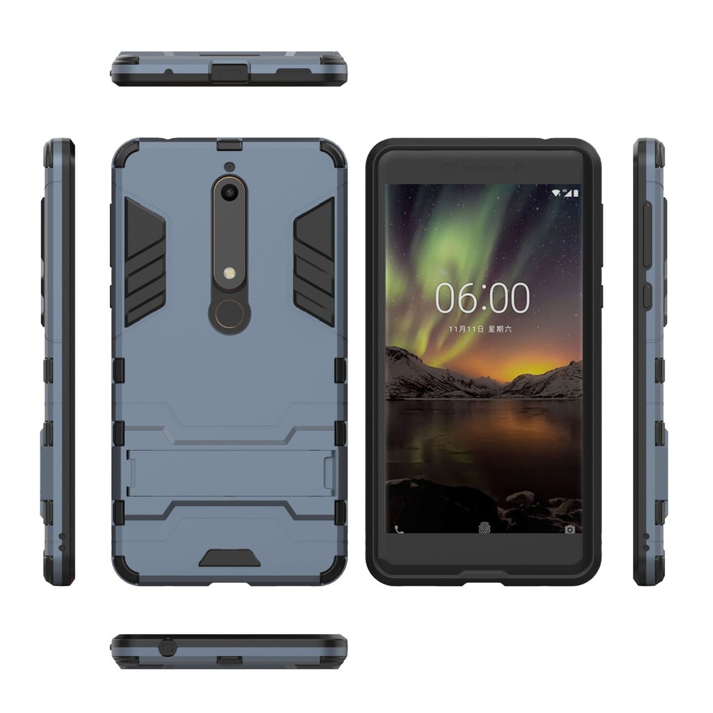 Nokia 6.1 (Nokia 6 2018) - Ốp lưng chống sốc Iron Man hai lớp bảo vệ kèm chân chống lưng máy tiện lợi