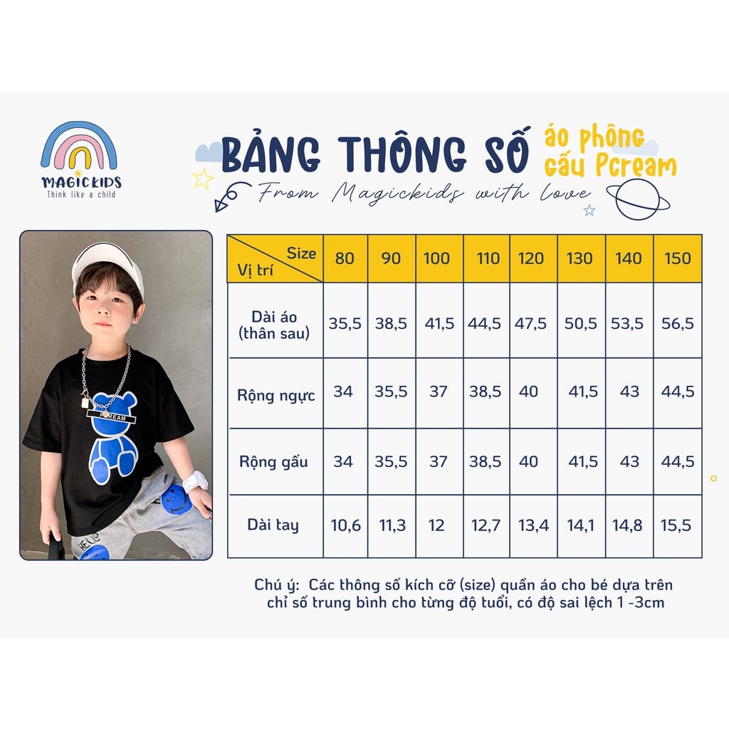 Áo thun cotton ngắn tay cho bé trai size đại 12-34kg in hình gấu dễ thương Magickids Quần áo bé trai thoáng mát AO22007