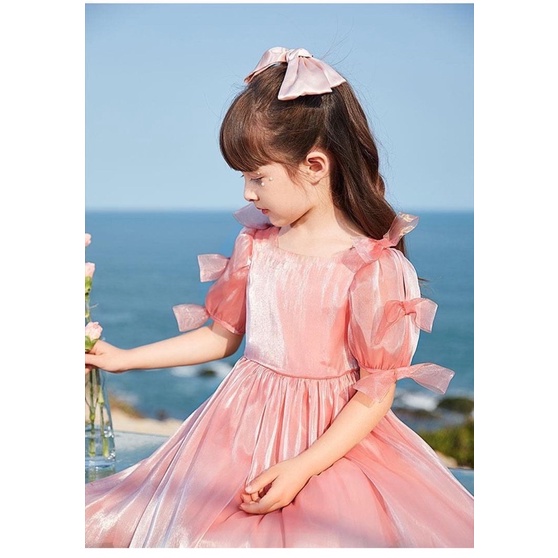 Váy Tay Bồng Màu Hồng Bé Gái