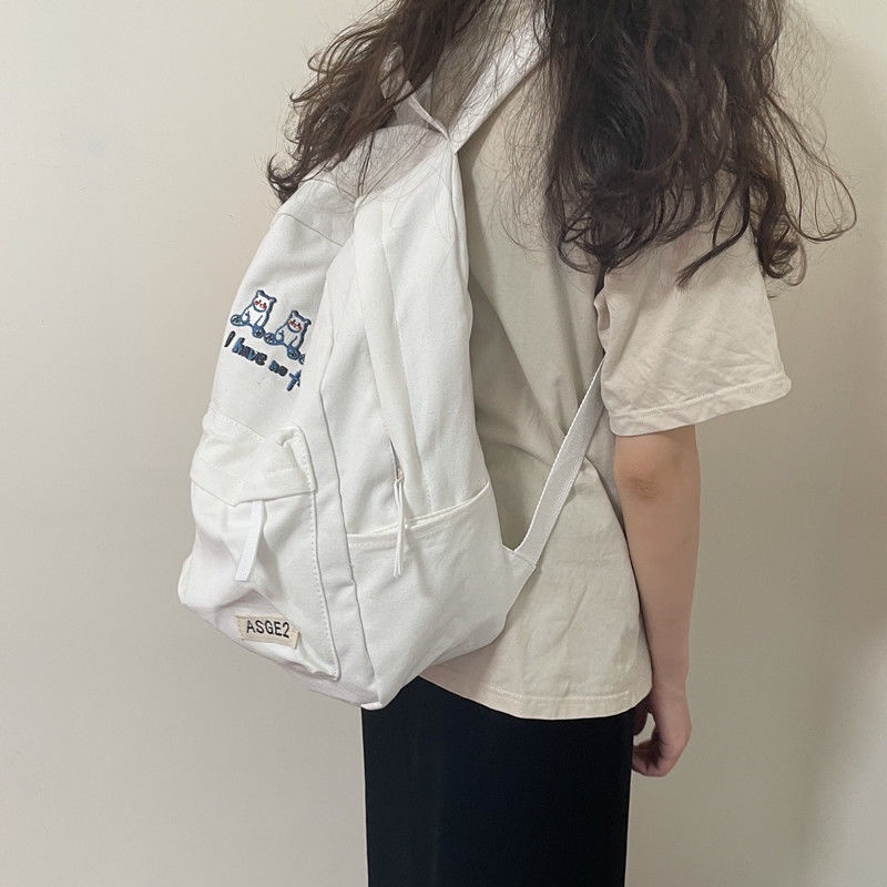 Ba lô canvas thêu hình gấu dễ thương cho nữ