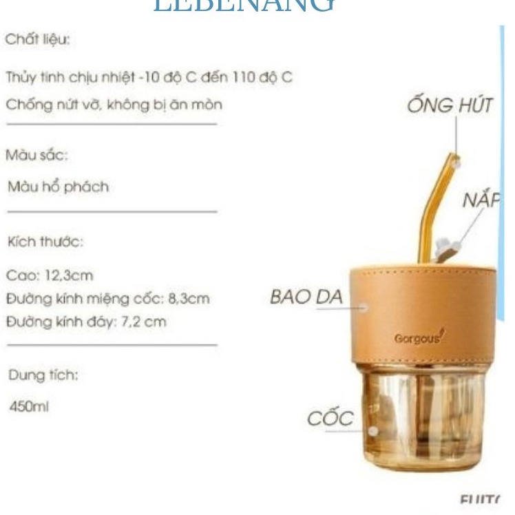 Cốc, Ly Thủy Tinh Bọc Da 450ml Kèm Ống Hút, Chống Bỏng Chống Rò Rỉ Cách Nhiệt Tốt