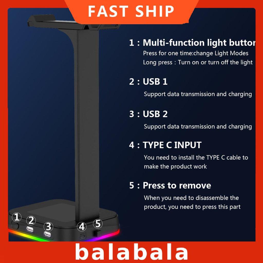 [BL]RGB Headphone Stand With 2 USB Ports Desk Gaming Headset Holder Hanger Rack