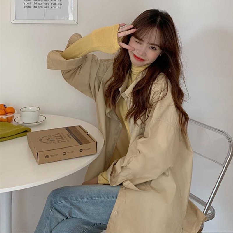 Áo sơ mi IELGY dài trung bình dáng rộng có túi phong cách Hàn Quốc thời trang cho nữ